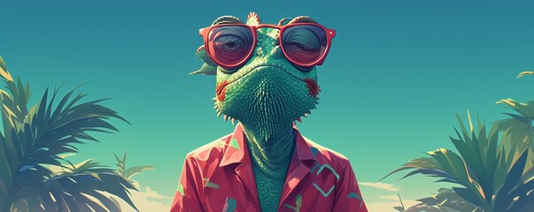 A chameleon wearing sunglasses on a dark blue and green gradient background in a closeup shot with a neon light effect - obrazy, fototapety, plakaty