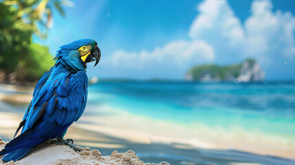 hyacinth macaw on the tropical beach background, with empty copy space