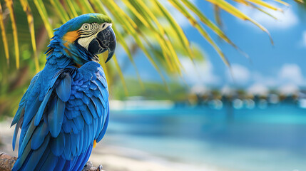 hyacinth macaw on the tropical beach background, with empty copy space