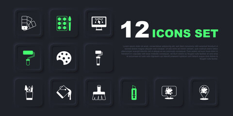 Set Paint spray, Palette, Stationery knife, roller brush, bucket, Watercolor paints box and icon. Vector