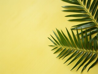 Fototapeta na wymiar Palm leaf on an olive background with copy space for text or design. A flat lay, top view. A summer vacation concept