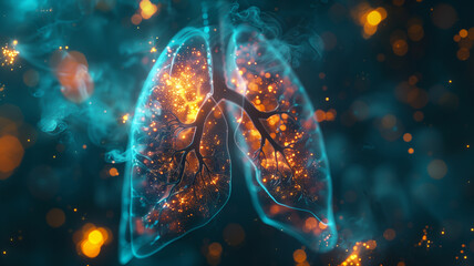 Cinematic depiction using particles: a simple, luminous, translucent, and fluorescent outline of a lung that dissolves and vanishes into particles - obrazy, fototapety, plakaty