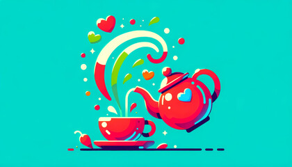 A colorful teapot and cup with whimsical elements on a turquoise background.