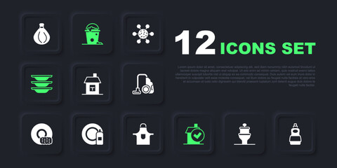 Set Toilet bowl, Dishwashing liquid bottle, House, Home cleaning service, Washing dishes, and plate, Bucket with foam bubbles and Kitchen apron icon. Vector