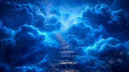 Stairs to the sky - stairway to heaven in blue clouds, entrance to the afterlife concept - obrazy, fototapety, plakaty