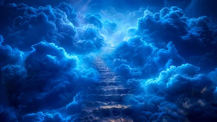 Foto op Plexiglas Stairs to the sky - stairway to heaven in blue clouds, entrance to the afterlife concept © Kondor83