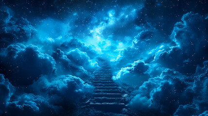 Stairs to the sky - stairway to heaven in blue clouds, entrance to the afterlife concept