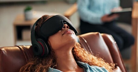 Calm, therapy and woman with sound in headphones at clinic on psychedelic treatment for ptsd or depression. Audio, frequency and patient in psychology study for research on anxiety and mental health