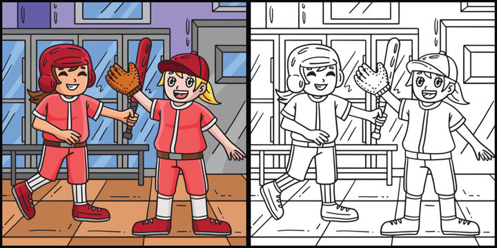 Baseball Girl Teammate Coloring Page Illustration