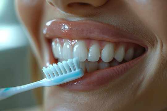 A close-up of someone brushing their teeth with a fluoride toothpaste, promoting regular dental hygiene practices