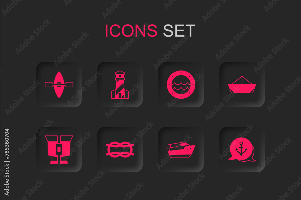 Poster Set Nautical rope knots, Lighthouse, Kayak and paddle, Speedboat, Folded paper, Anchor, Ship porthole and Binoculars icon. Vector