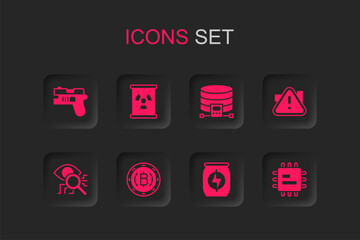 Set Cryptocurrency coin Bitcoin, Radioactive waste barrel, Futuristic weapon, Energy drink, Exclamation mark triangle, Processor CPU, Cloud database and Eye scan icon. Vector