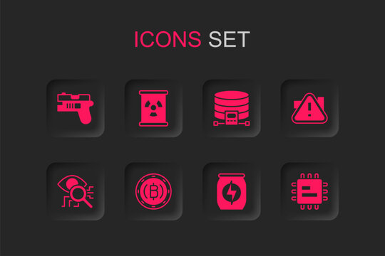 Set Cryptocurrency coin Bitcoin, Radioactive waste barrel, Futuristic weapon, Energy drink, Exclamation mark triangle, Processor CPU, Cloud database and Eye scan icon. Vector