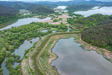 Fototapeta na wymiar aerial drone view. Spring scenery of Korea's Upo Wetland.