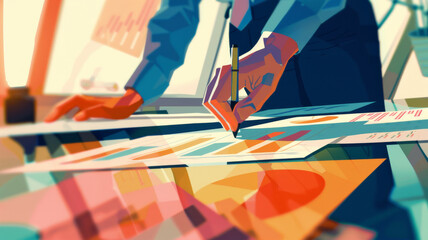 Artistic illustration of designer working at desk - An artful representation of a graphic designer working at his colorful workspace, with vibrant hues and dynamic angles