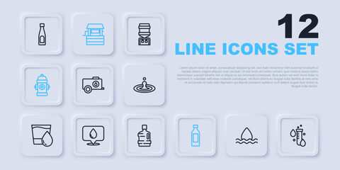 Set line Water drop, Test tube with water, Mobile tank, Bottle of, Fire hydrant, location, Well and Big bottle clean icon. Vector