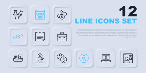 Set line Laptop with dollar, Video chat conference, Notebook, Discount percent tag, Money exchange, Dollar plant, Monitor and Gear symbol icon. Vector