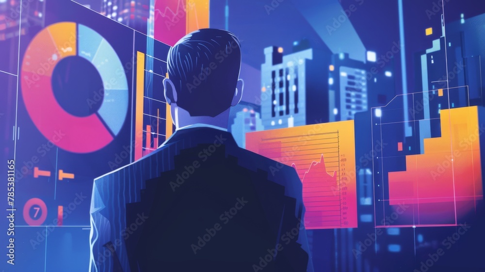Poster futuristic businessman with digital data interface - an impactful illustration showing a businessman