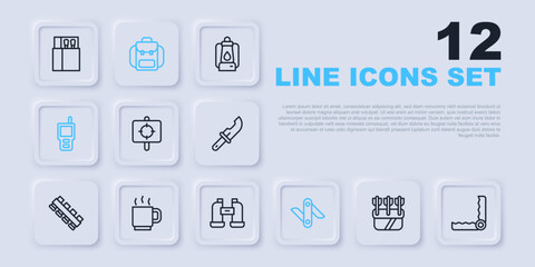 Set line Quiver with arrows, Trap hunting, Target sport, Swiss army knife, Walkie talkie, Coffee cup, Hiking backpack and Binoculars icon. Vector