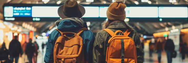 Two travelers at the airport with backpacks - An image of two people from behind wearing backpacks, looking at the flight information board at the airport - obrazy, fototapety, plakaty