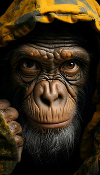 Chimpanzee in a yellow raincoat. closeup