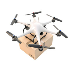 Delivery drone with package paper box isolated on white background