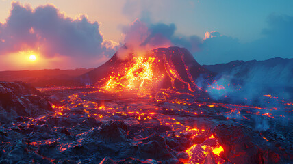 view of the eruption of the volcano of fire neon rainbow light