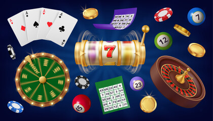 Realistic casino games, isolated roulette and 777 slot machine. Vector  ticket with numbers and numbered balls, cards and poker chips. Golden coins and success prize, jackpot gambling - obrazy, fototapety, plakaty