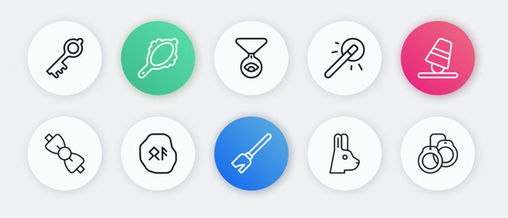 Set line Witches broom, Game thimbles, Bow tie, Rabbit with ears, Magic wand, Medallion on chain eye, Handcuffs and runes icon. Vector