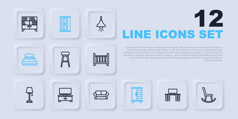 Set line Office desk, Armchair, Chair, Wardrobe, Big bed, TV table stand, and Sofa icon. Vector