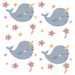 Cute underwater animal baby pattern. Cute horn whale pattern for kids. Cute characters. Underwater background