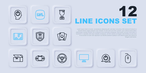 Set line Power button, Computer mouse, Chess shield, monitor, Portable video game console, Level and Racing simulator icon. Vector