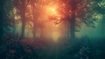 Fototapeta na wymiar mystery forest with red flowers in the evening, Soft focus creating a dreamlike atmosphere