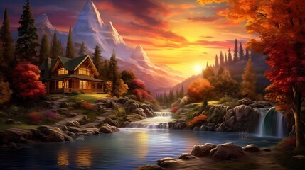 A cozy lakeside cabin surrounded by the vibrant colors of fall foliage, the reflection of the colorful trees dancing on the rippling surface of the water. - obrazy, fototapety, plakaty