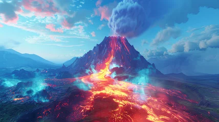 Foto auf Alu-Dibond view of a volcanic eruption. Smoking lava. neon rainbow light natural view of the mountain © Adja Atmaja