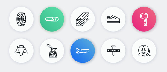 Set line Hand saw, Wooden axe, Tree stump, Metallic nail, plane tool, beam, and in icon. Vector