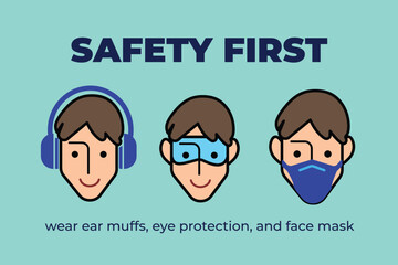 Colored ear muffs, eye protection glasses, and face mask safety required signage icon vector illustration isolated on horizontal background. Simple flat cartoon drawing.