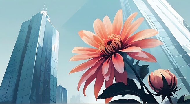 A striking double exposure of a bold skyscraper and a delicate flower, creating a contrasting yet harmonious digital flat vector art piece., vibrant