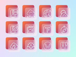Set line Sun and cloud weather, Sunrise, Fahrenheit, Compass north, Weather forecast, Moon phases, Thermometer and Cloud with snow icon. Vector - obrazy, fototapety, plakaty