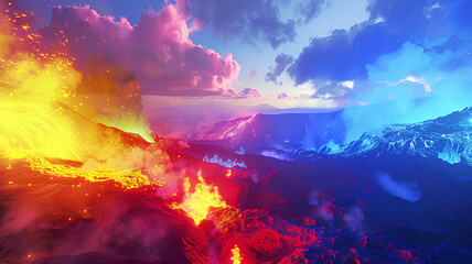 Obraz na płótnie Canvas view of a volcanic eruption. Smoking lava. neon rainbow light natural view of the mountain