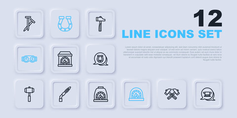Set line Crossed hammer, Blacksmith anvil tool, oven, Welding glasses, torch, Horseshoe and icon. Vector