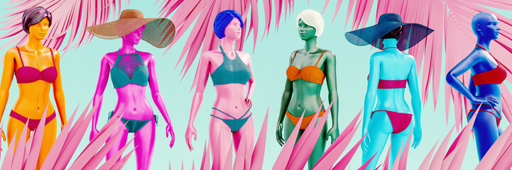 Female mannequin posing in variety of colorful swimwear on green background. Swimwear fashion trends presentation. 3D Rendering, 3D Illustration - 785383160