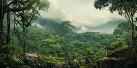 Jungle With Misty Mountains. Lush Tropical Forest Landscape With Mountain Background. Generative AI