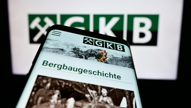 Stuttgart, Germany - 04-07-2024: Mobile phone with webpage of Austrian company GKB Bergbau GmbH in front of logo. Focus on top-left of phone display.