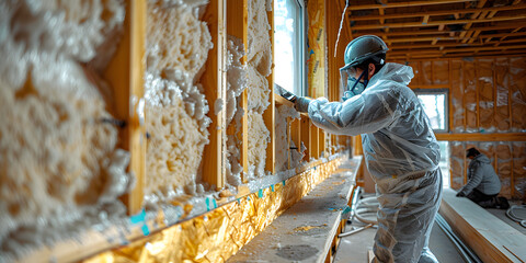 A man applies an insulating foam to the wall of the house