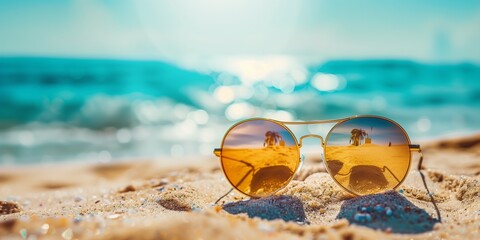 Fototapeta na wymiar A pair of sunglasses is sitting on the sand at the beach