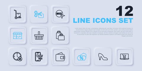 Set line Woman shoe, Shopping cart on screen laptop, basket, Discount percent tag, Market store, Mobile with shopping, Scissors cuts discount coupon and Wallet icon. Vector