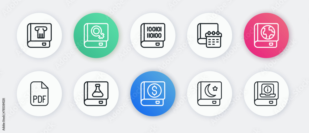 Poster Set line Financial book, Earth globe and, PDF file document, Holy of Koran, Daily paper notepad, Books about programming, User manual and Chemistry icon. Vector