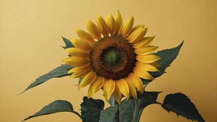 Top view yellow sunflower at sunlight in minimal style on pastel yellow background. Natural sunflower with green leaves