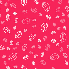 White line Smiling lips icon isolated seamless pattern on red background. Smile symbol. Vector